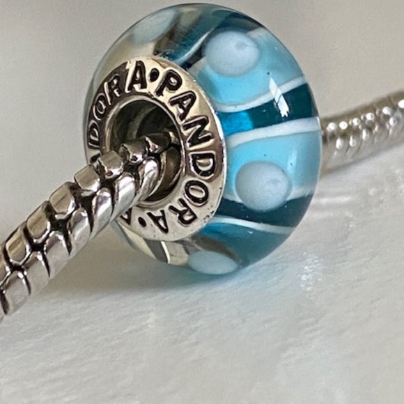 PANDORA Silver 925 ALE Murano Glass Screw Core Blue Stripes With White Dots Bead - Picture 8 of 8